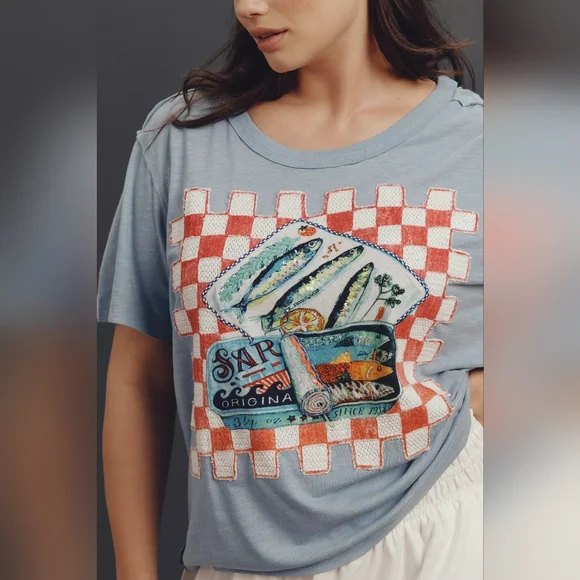 🪷NWT Anthropologie Maive Sardine Linen Blend Graphic Tee In Sardine Print, XL🌙 - Picture 6 of 9
